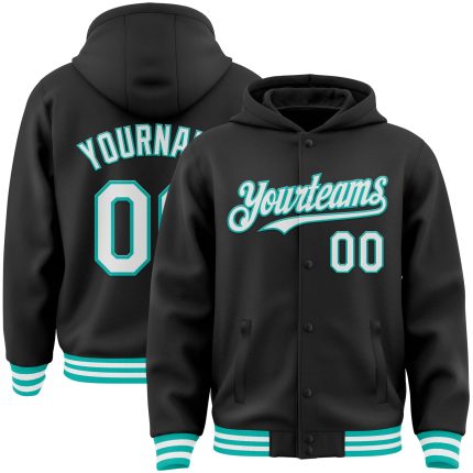 Custom Team Name Number Bomber Hoodie Jacket Black White Aqua Varsity Full-Snap Personalized Apparel Personalized Black White-Aqua
