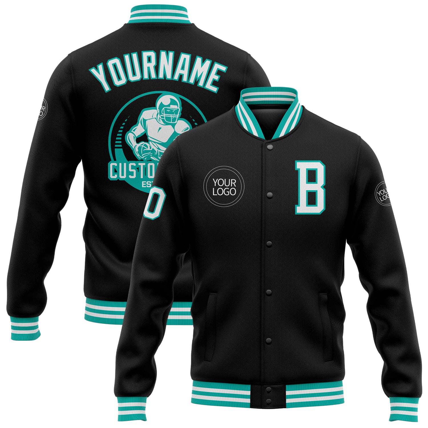 Personalized Black White Aqua Varsity Letterman Jacket Full-Snap Bomber Personalized Black White-Aqua Bomber Full-Snap Varsity