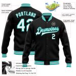 Personalized Black White Aqua Varsity Letterman Bomber Jacket Full Snap Personalized Black White-Aqua Bomber Full-Snap Varsity