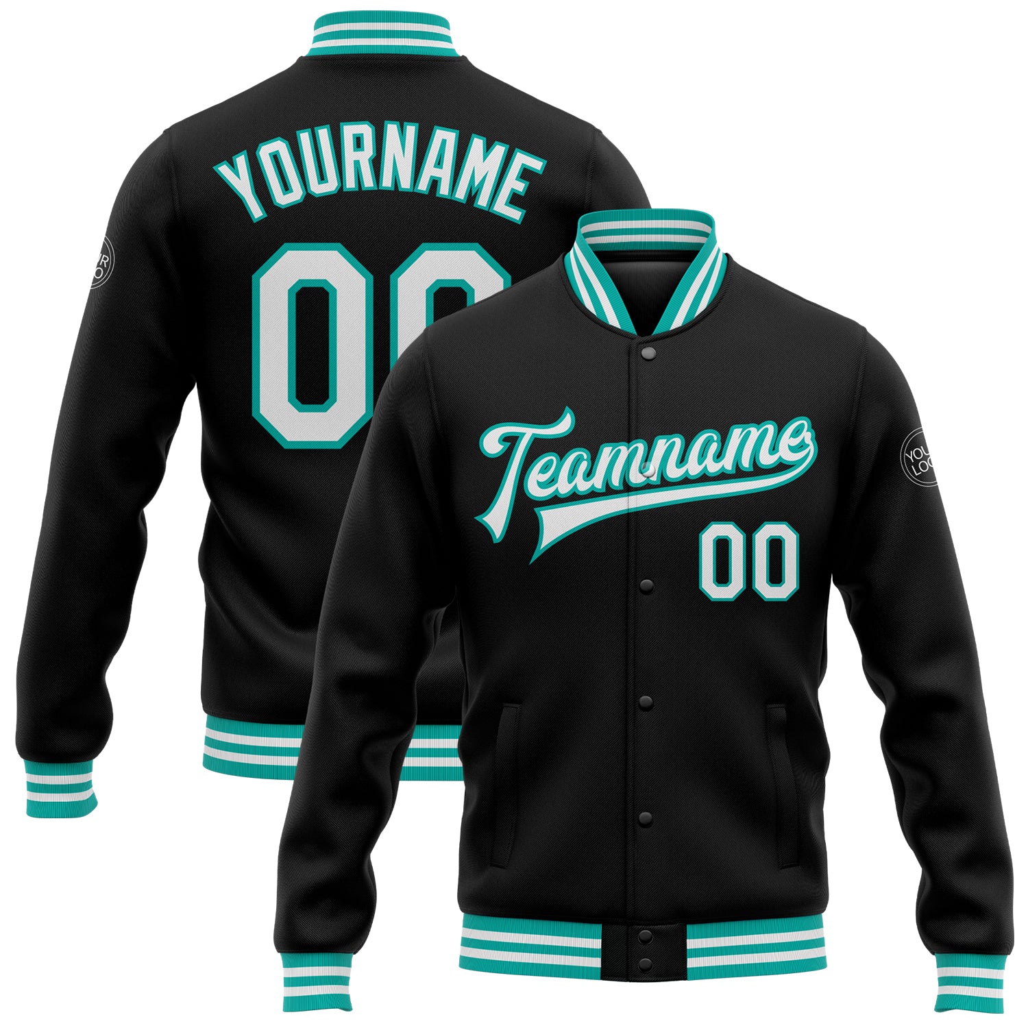 Personalized Black White Aqua Varsity Letterman Bomber Jacket Full Snap Personalized Black White-Aqua Bomber Full-Snap Varsity