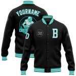 Personalized Bomber Jacket Black White Aqua Full-Snap Varsity Letterman Personalized Black White-Aqua Bomber Full-Snap Varsity