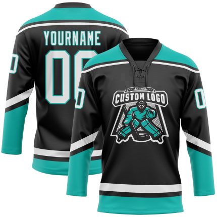 Personalized Black White Aqua Hockey Jersey with Lace Neck Design Personalized Black White-Aqua Hockey Lace Neck Jersey