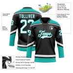 Personalized Black White Aqua Hockey Jersey with Lace Neck Design Personalized Black White-Aqua Hockey Lace Neck Jersey