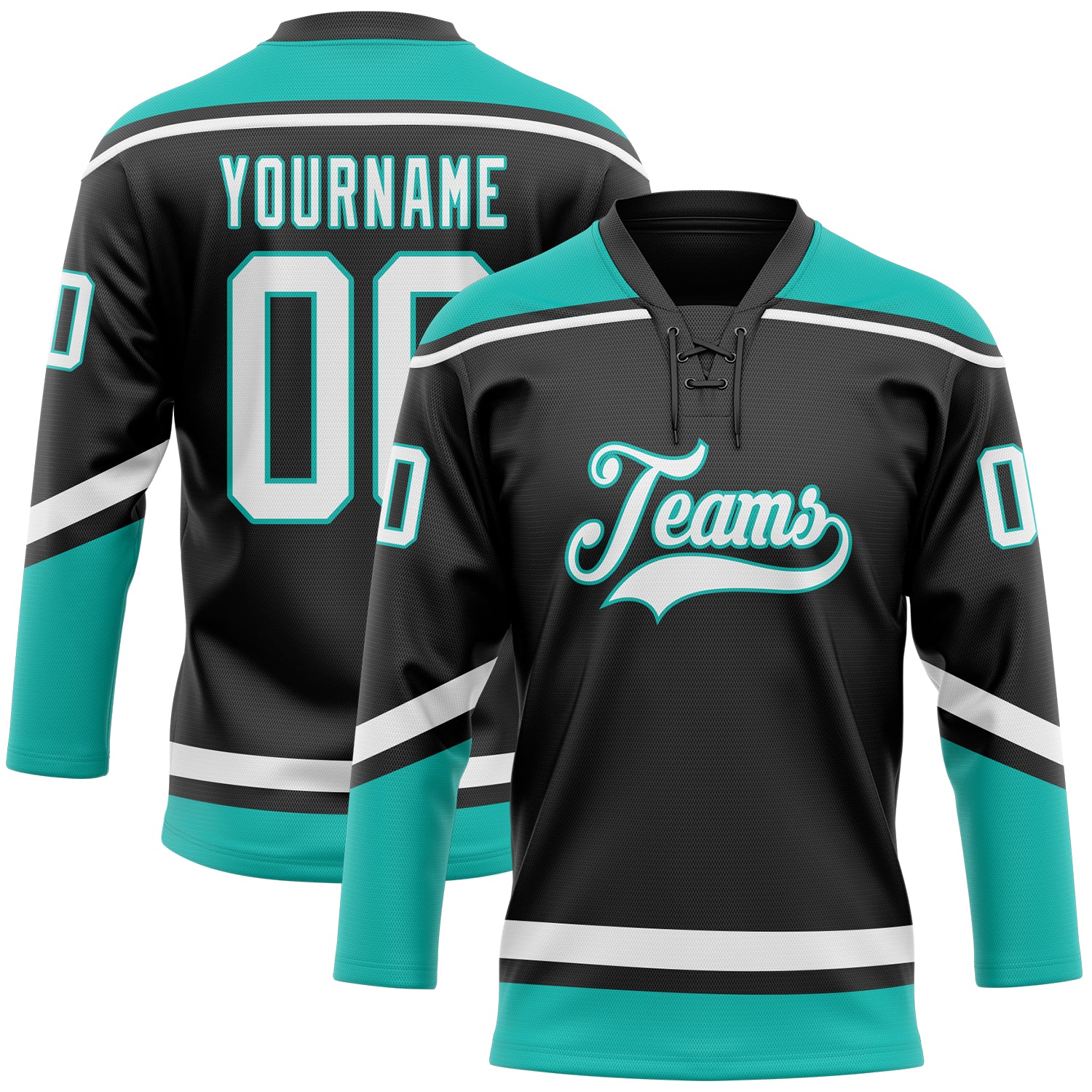 Custom Name and Number Hockey Jersey Black White Aqua Lace Neck Personalized Team Gear Personalized Black White-Aqua Hockey