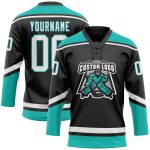 Custom Name and Number Hockey Jersey Black White Aqua Lace Neck Personalized Team Gear Personalized Black White-Aqua Hockey