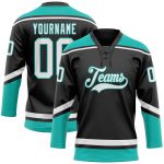 Personalized Black White Aqua Hockey Jersey with Lace Neck Design Personalized Black White-Aqua Hockey Lace Neck Jersey