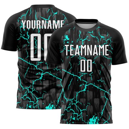 Custom Black White Aqua Lightning Soccer Jersey Personalized Uniform Personalized Black White-Aqua Lightning Sublimation