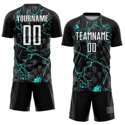 Custom Black White Aqua Lightning Soccer Jersey Personalized Uniform Personalized Black White-Aqua Lightning Sublimation