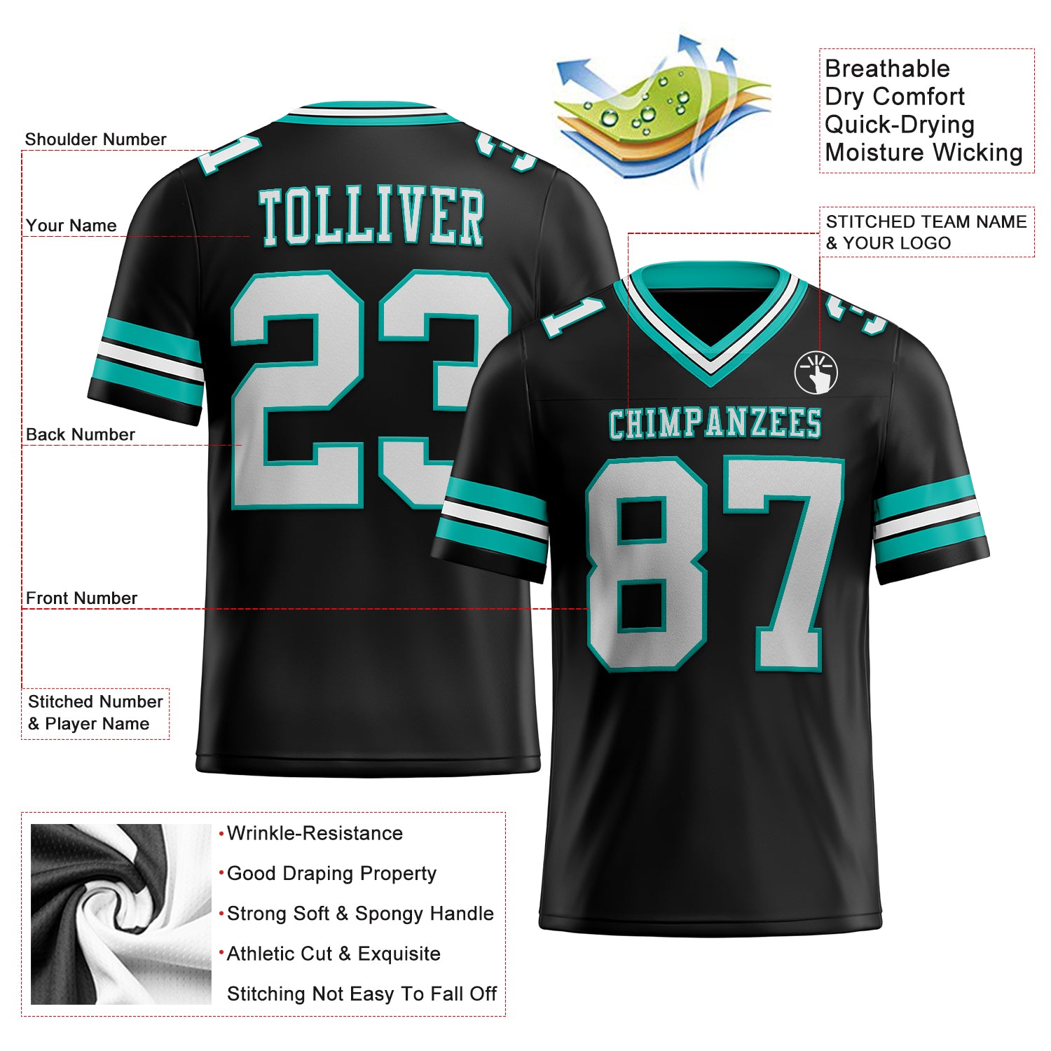 Personalized Black White Aqua Mesh Football Jersey - Custom Team Jersey 2 Personalized Black White-Aqua Mesh Football Jersey - Image 2