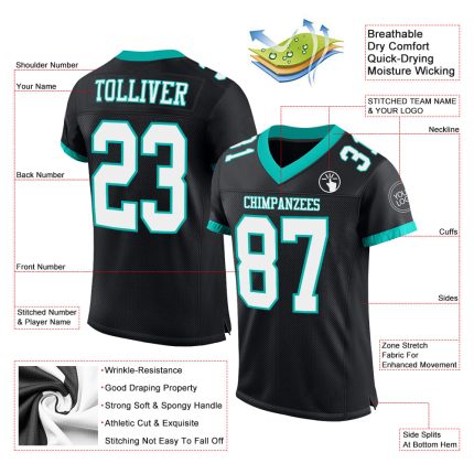 Custom Black and White Aqua Football Jersey - Personalized Mesh Sports Apparel Personalized Black White-Aqua Mesh Football