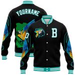 Personalized Parrot 3D Bomber Jacket Black White Aqua Full-Snap Varsity Letterman Personalized Black White-Aqua Parrot 3D