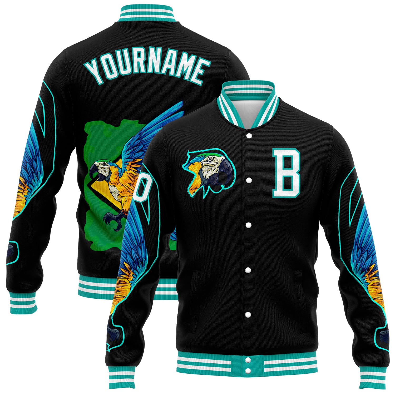 Custom Name Number Black White Aqua Parrot 3D Pattern Varsity Bomber Snap Jacket for Teams Personalized Black White-Aqua