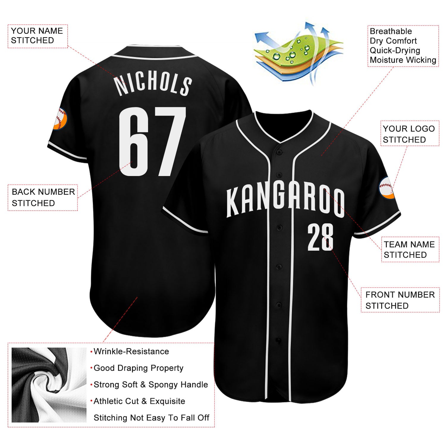 Personalized Black White Authentic Baseball Jersey Team Custom Name and Number Custom Team Baseball Jersey with Personalized Name and Number - Authentic Black and White Design Personalized Black White - Image 3