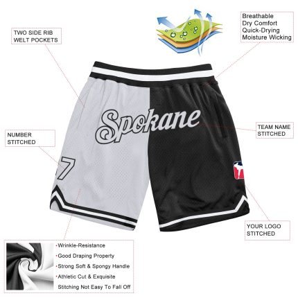 Custom Team Name Number Basketball Shorts - Personalized Black White Authentic Split Fashion Design Personalized Black White