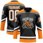 Personalized Black White Bay Orange Hockey Jersey with Lace Neck Design Personalized Black White-Bay Orange Hockey Lace Neck
