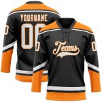 Customizable Hockey Jersey with Black, White, and Bay Orange Lace Neck - Personalized Team Name and Number Personalized Black