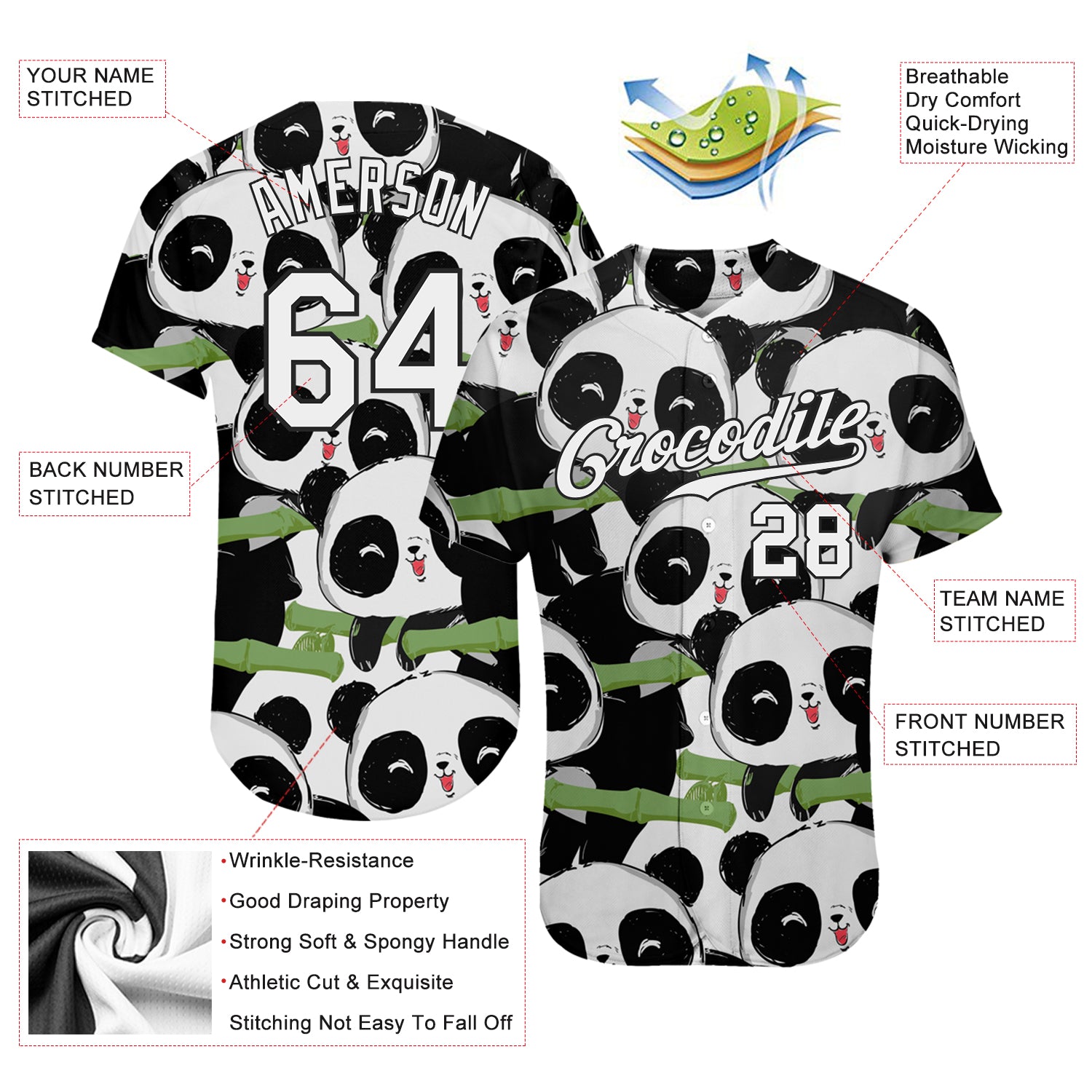 Personalized 3D Pandas Baseball Jersey - Black White-Black Design Personalized Black White-Black 3D Pandas Baseball Jersey - Image 3