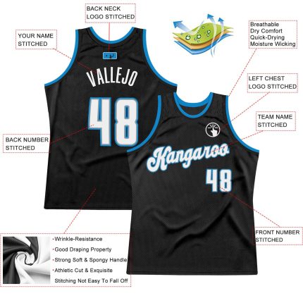 Personalized Throwback Basketball Jersey in Black, White, and Blue Colors Personalized Black White-Blue Throwback Basketball