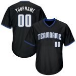 Personalized Throwback Baseball Jersey Shirt in Black White-Blue Rib-Knit Personalized Black White-Blue Throwback Rib-Knit