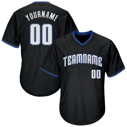 Personalized Throwback Baseball Jersey Shirt in Black White-Blue Rib-Knit Personalized Black White-Blue Throwback Rib-Knit
