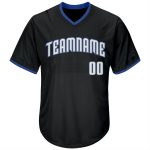 Personalized Throwback Baseball Jersey Shirt in Black White-Blue Rib-Knit Personalized Black White-Blue Throwback Rib-Knit