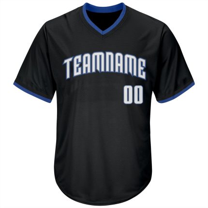 Personalized Throwback Baseball Jersey Shirt in Black White-Blue Rib-Knit Personalized Black White-Blue Throwback Rib-Knit