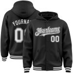 Personalized Bomber Hoodie Jacket Black White Full-Snap Varsity Letterman Personalized Black White Bomber Full-Snap Varsity