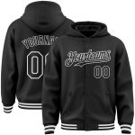 Custom Team Name Number Black White Bomber Varsity Hoodie Jacket Full-Snap Personalized Personalized Black White Bomber Full-Snap
