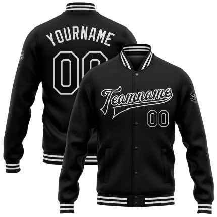 Custom Black and White Varsity Letterman Bomber Jacket Full-Snap Style Personalized Black White Bomber Full-Snap Varsity