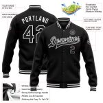 Custom Black and White Varsity Letterman Bomber Jacket Full-Snap Style Personalized Black White Bomber Full-Snap Varsity