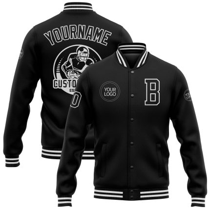 Personalized Varsity Letterman Jacket Black White Full-Snap Bomber 3 Personalized Black White Bomber Full-Snap Varsity Letterman