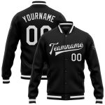 Custom Name Number Varsity Letterman Jacket Black White Bomber Full-Snap Personalized Team Apparel Personalized Black White