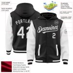 Custom Name and Number Varsity Letterman Hoodie Jacket - Personalized Two Tone Black White Full-Snap Bomber Design Personalized