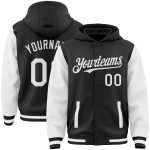 Custom Name and Number Varsity Letterman Hoodie Jacket - Personalized Two Tone Black White Full-Snap Bomber Design Personalized