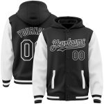 Personalized Bomber Hoodie Jacket Two Tone Black White Full-Snap Varsity Letterman Personalized Black White Bomber Full-Snap