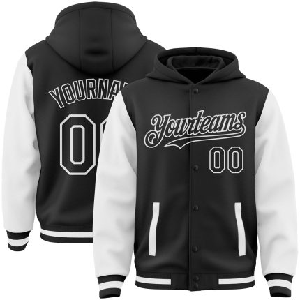 Personalized Bomber Hoodie Jacket Two Tone Black White Full-Snap Varsity Letterman Personalized Black White Bomber Full-Snap