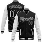 Personalized Black and White Varsity Letterman Bomber Jacket - Two Tone Full-Snap Style Personalized Black White Bomber Full-Snap