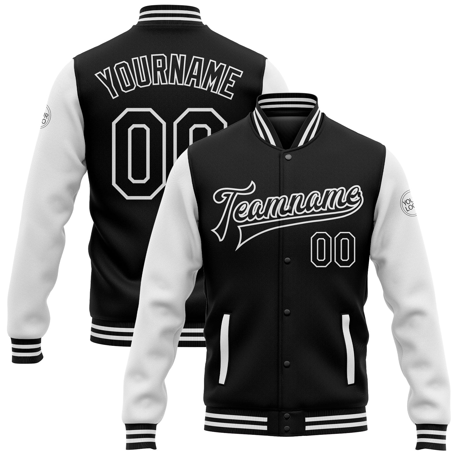 Personalized Black and White Varsity Letterman Bomber Jacket - Two Tone Full-Snap Style Personalized Black White Bomber Full-Snap