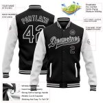 Personalized Black and White Varsity Letterman Bomber Jacket - Two Tone Full-Snap Style Personalized Black White Bomber Full-Snap