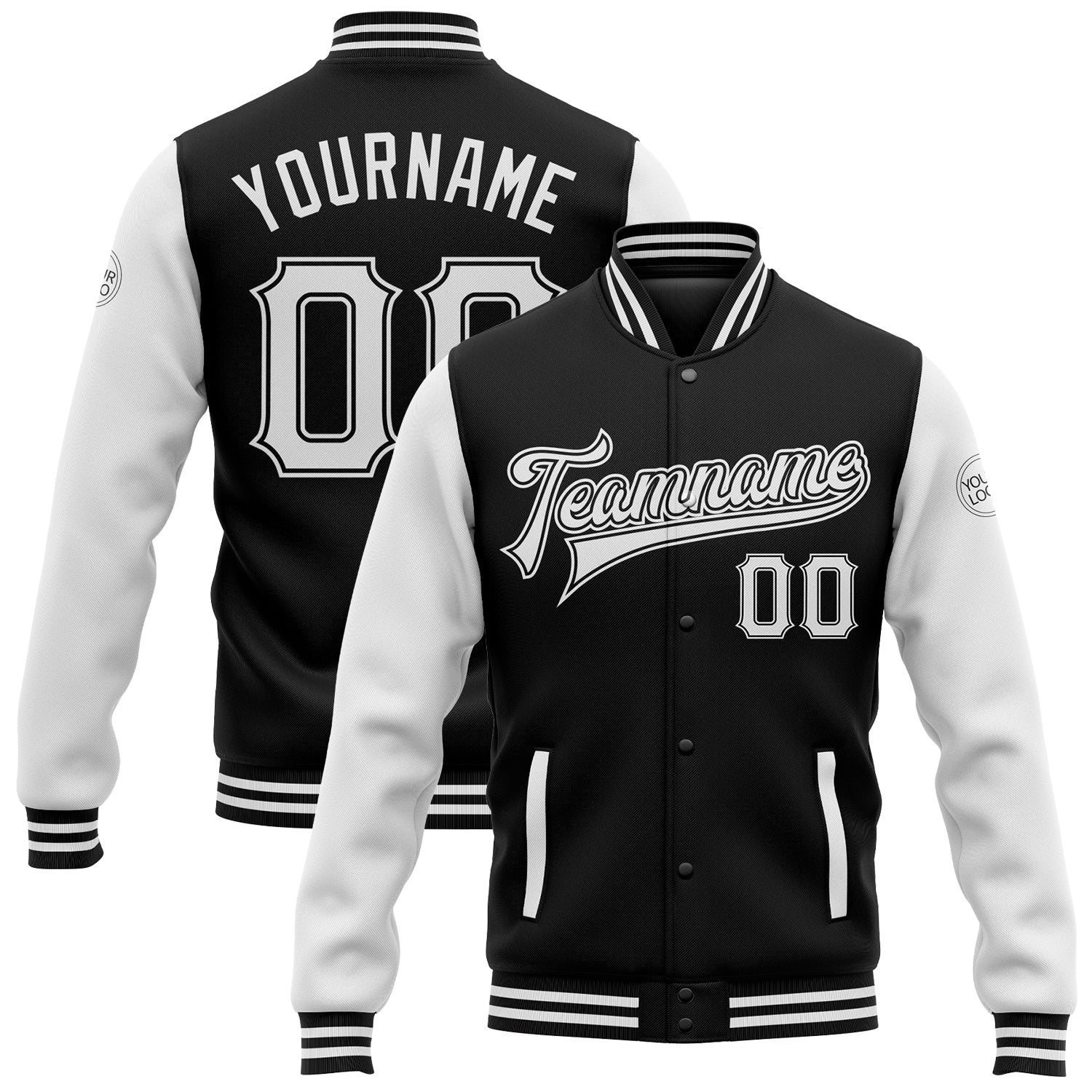Personalized Black and White Varsity Letterman Bomber Jacket - Full-Snap Two Tone Style Personalized Black White Bomber Full-Snap