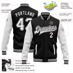 Personalized Black and White Varsity Letterman Bomber Jacket - Full-Snap Two Tone Style Personalized Black White Bomber Full-Snap