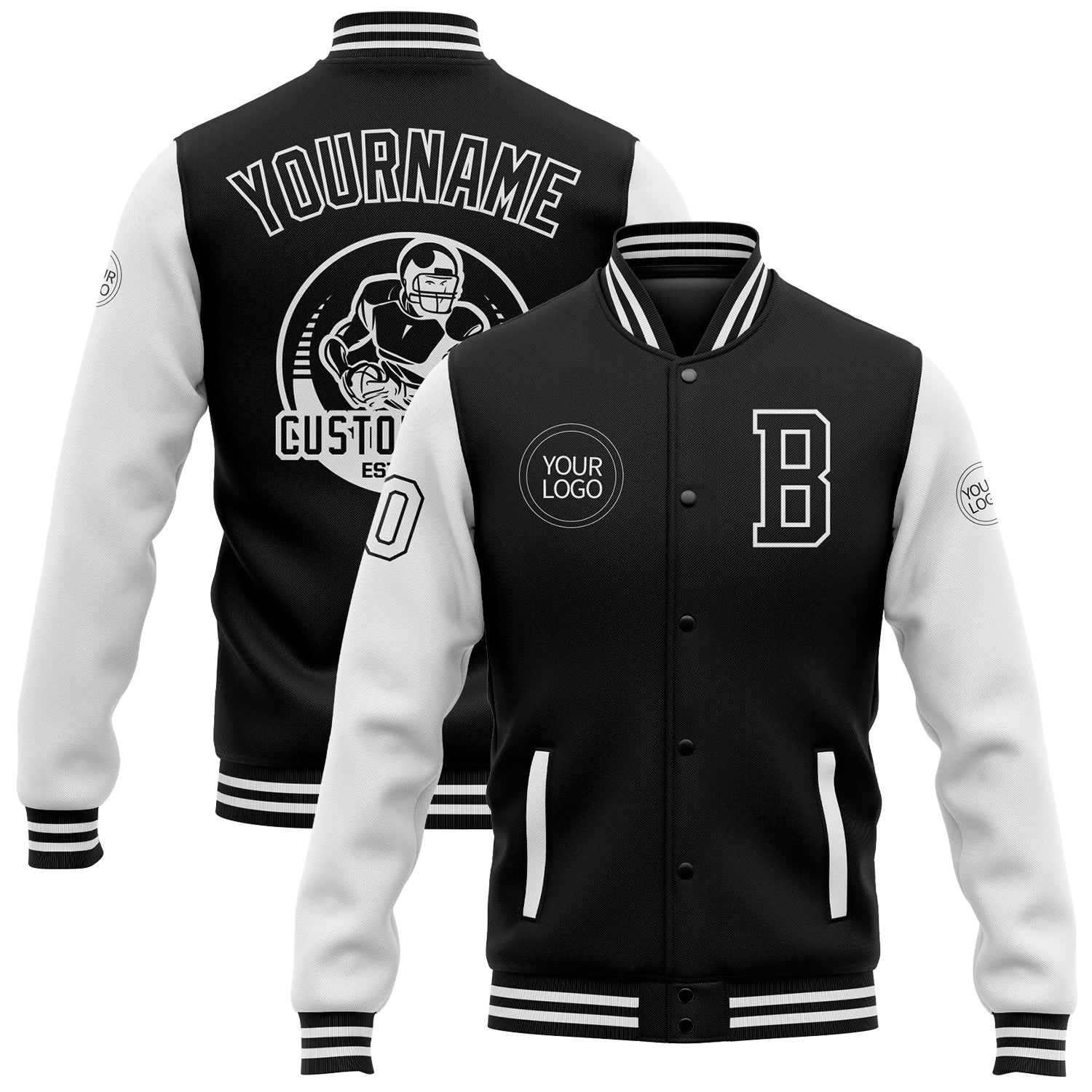 Personalized Black and White Two-Tone Varsity Letterman Bomber Jacket Full-Snap 4 Personalized Black White Bomber Full-Snap