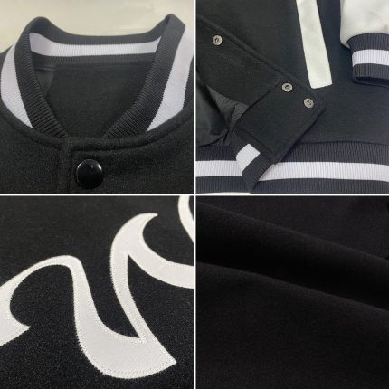 Custom Name and Number Bomber Varsity Jacket Black White Two Tone Full-Snap Letterman Personalized Black White Bomber Full-Snap