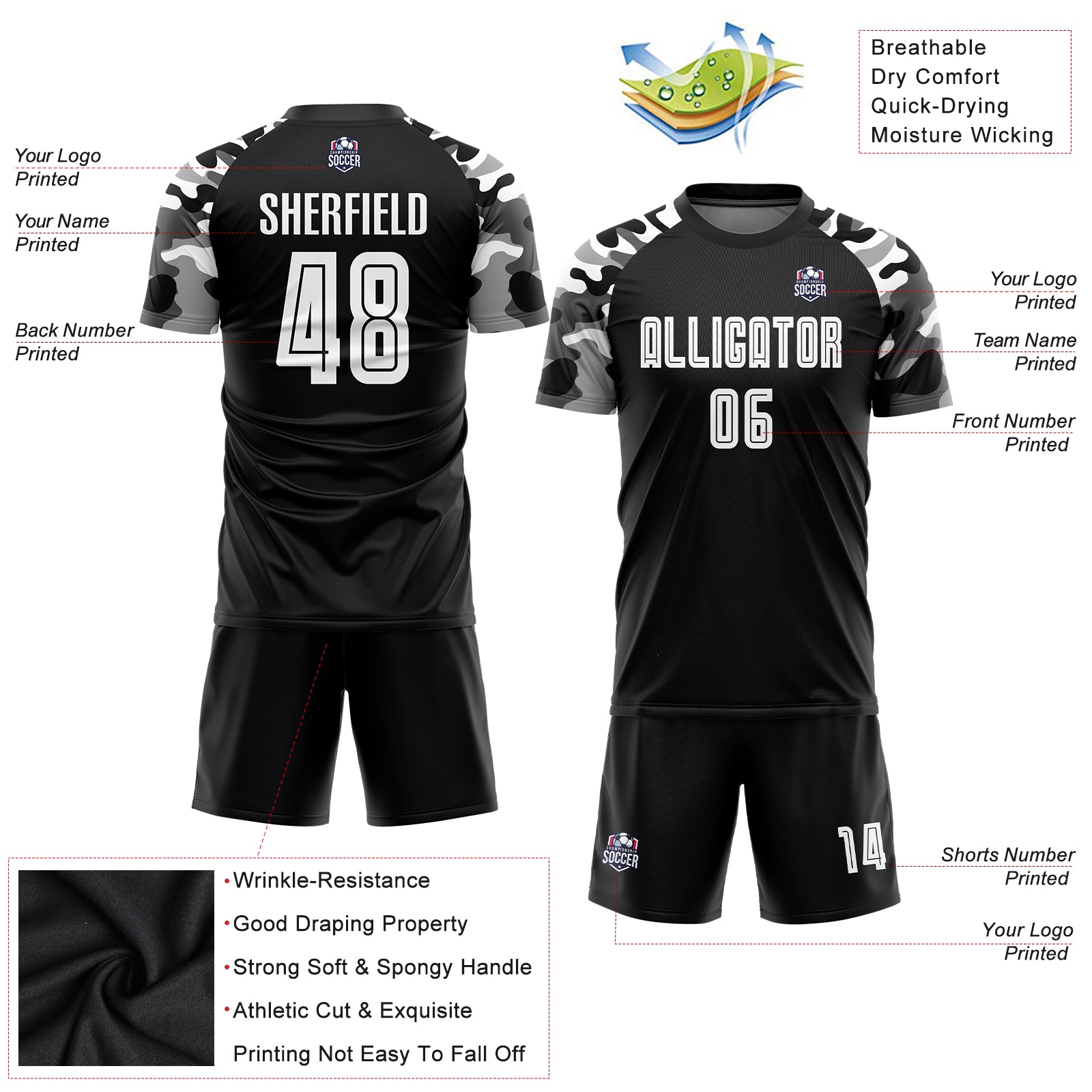 Personalized Black White Camo Soccer Jersey Uniform - Custom Sublimation Design Personalized Black White-Camo Sublimation - Image 5