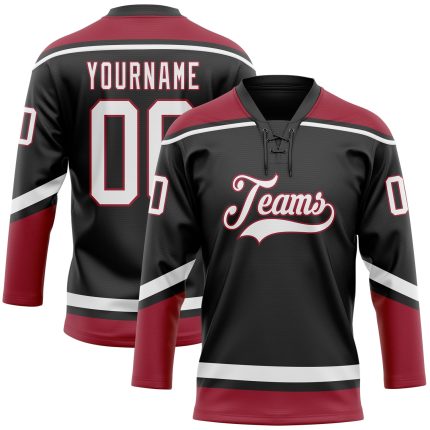 Custom Cardinal Hockey Lace Neck Jersey with Personalized Name and Number in Black and White Personalized Black White-Cardinal