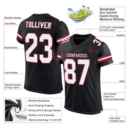 Custom Name and Number Black White-Cardinal Authentic Football Jersey - Personalized Team Gear Personalized Black White-Cardinal
