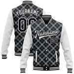 Custom Name and Number Varsity Letterman Jacket, Personalized Black White Check 3D Pattern Bomber Full-Snap Design Personalized