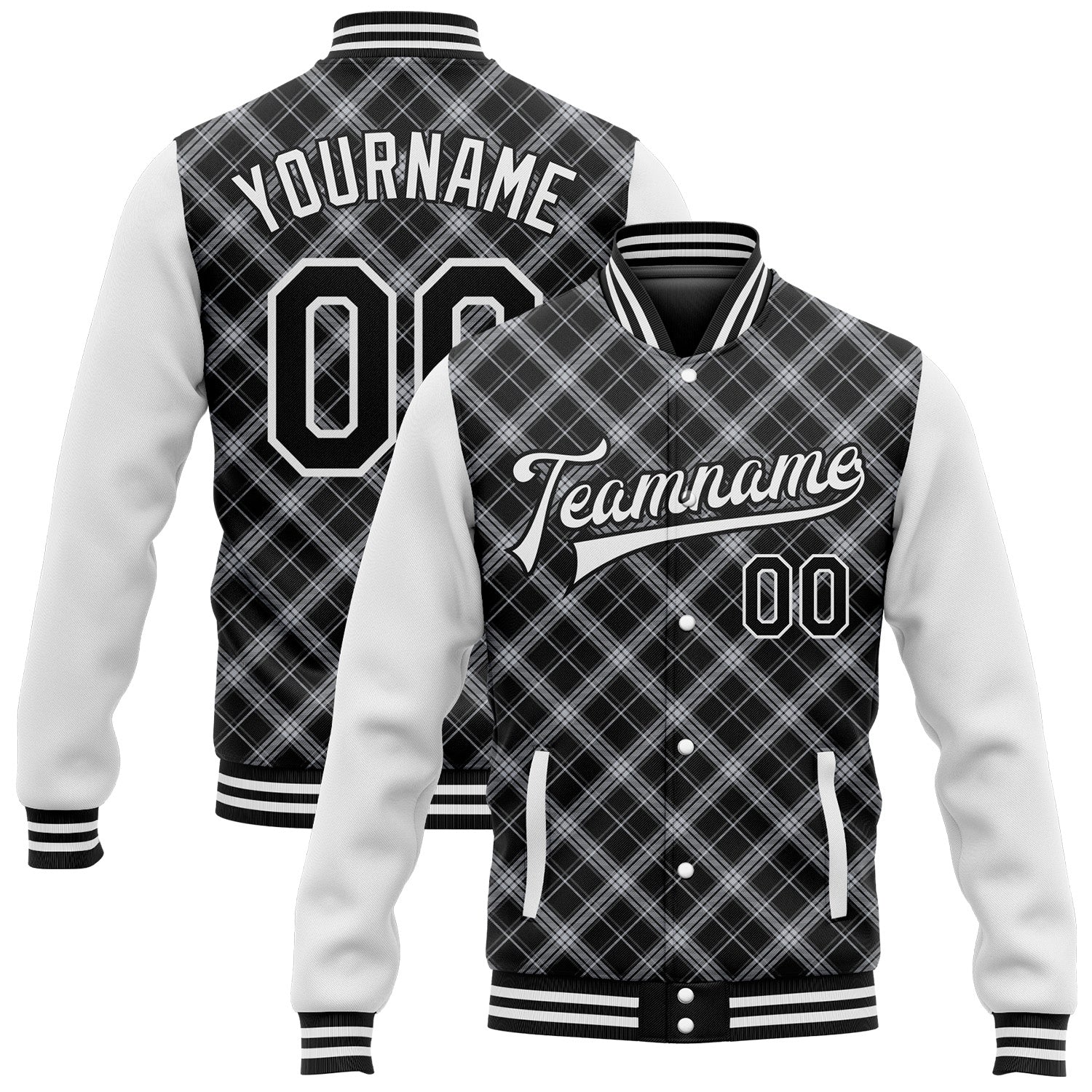 Custom Name and Number Varsity Letterman Jacket, Personalized Black White Check 3D Pattern Bomber Full-Snap Design Personalized