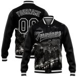 Personalized Chicago Illinois 3D Bomber Varsity Letterman Jacket Black White Personalized Black White Chicago Illinois City