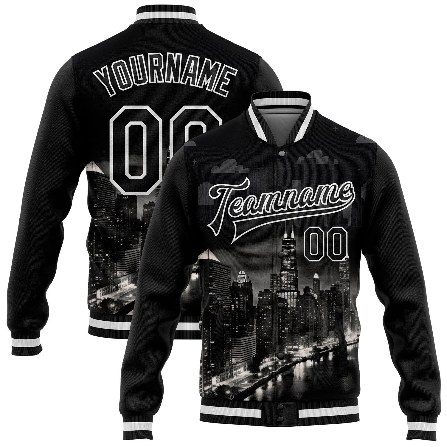 Personalized Chicago Illinois 3D Bomber Varsity Letterman Jacket Black White Personalized Black White Chicago Illinois City